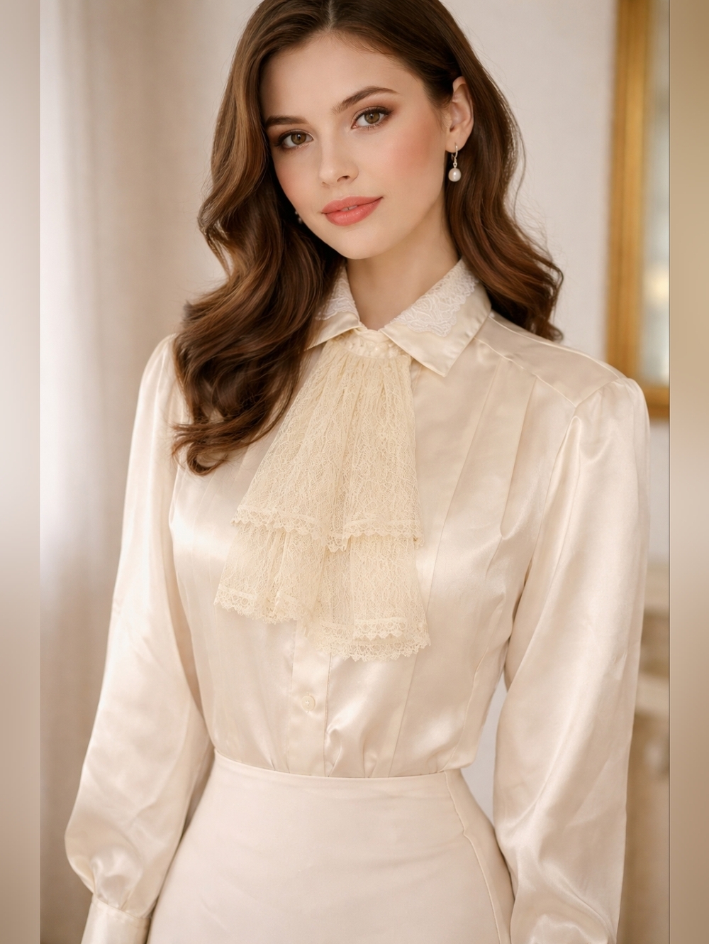 Vntg Shapely Womens Victorian Ivory Lace Jabot Satin Blouse Size 8